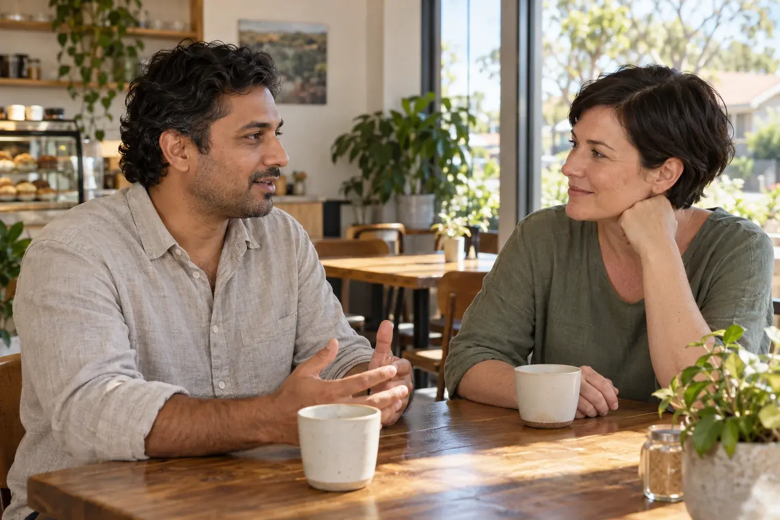 A man and a woman recovery coach having a relaxed conversation at a sunlit cafe table.