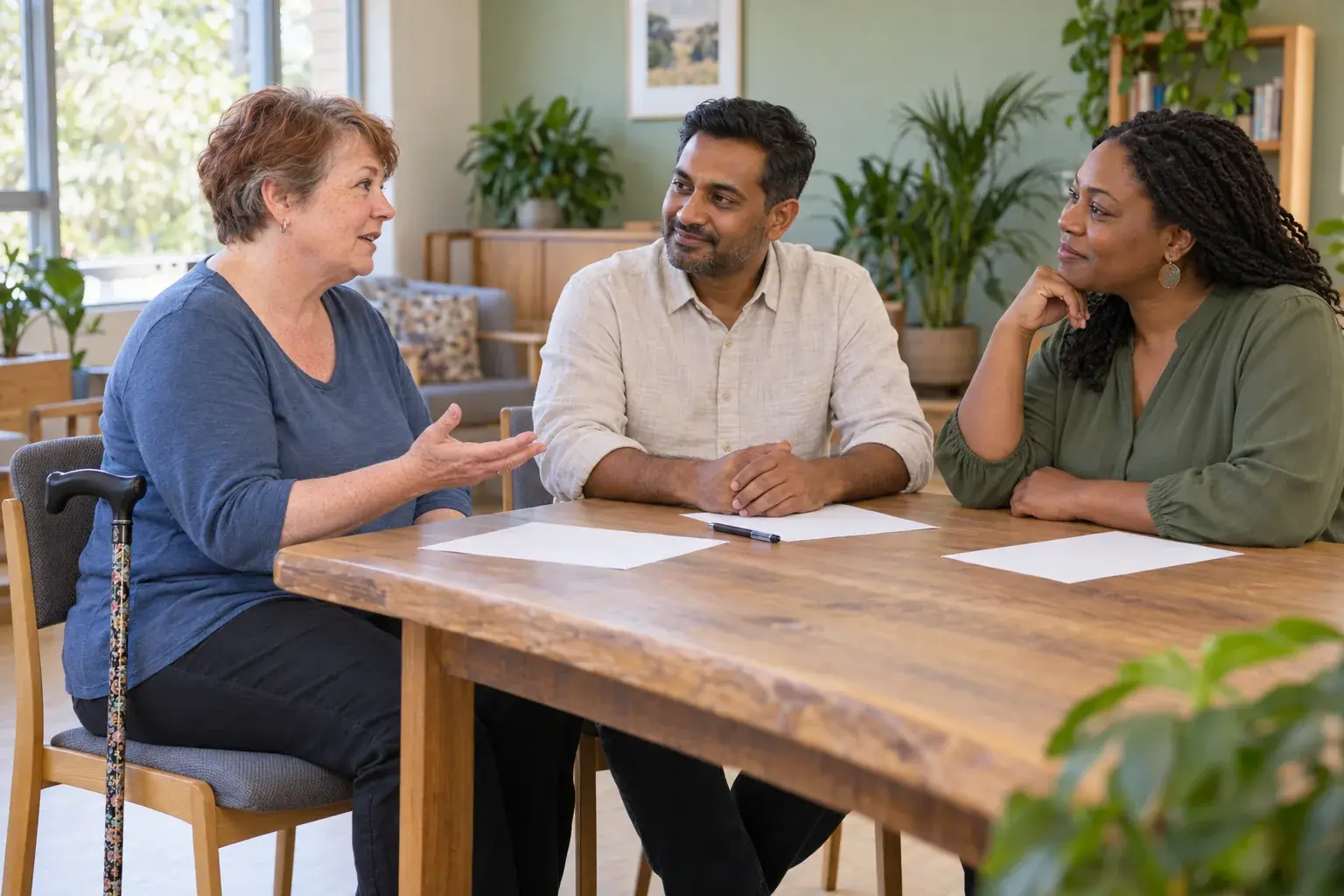 A woman with a walking stick discussing a support plan with two other adults at a community table.