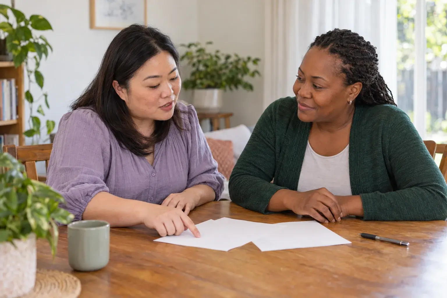 A participant indicating a blank sheet while a support coordinator listens beside her.