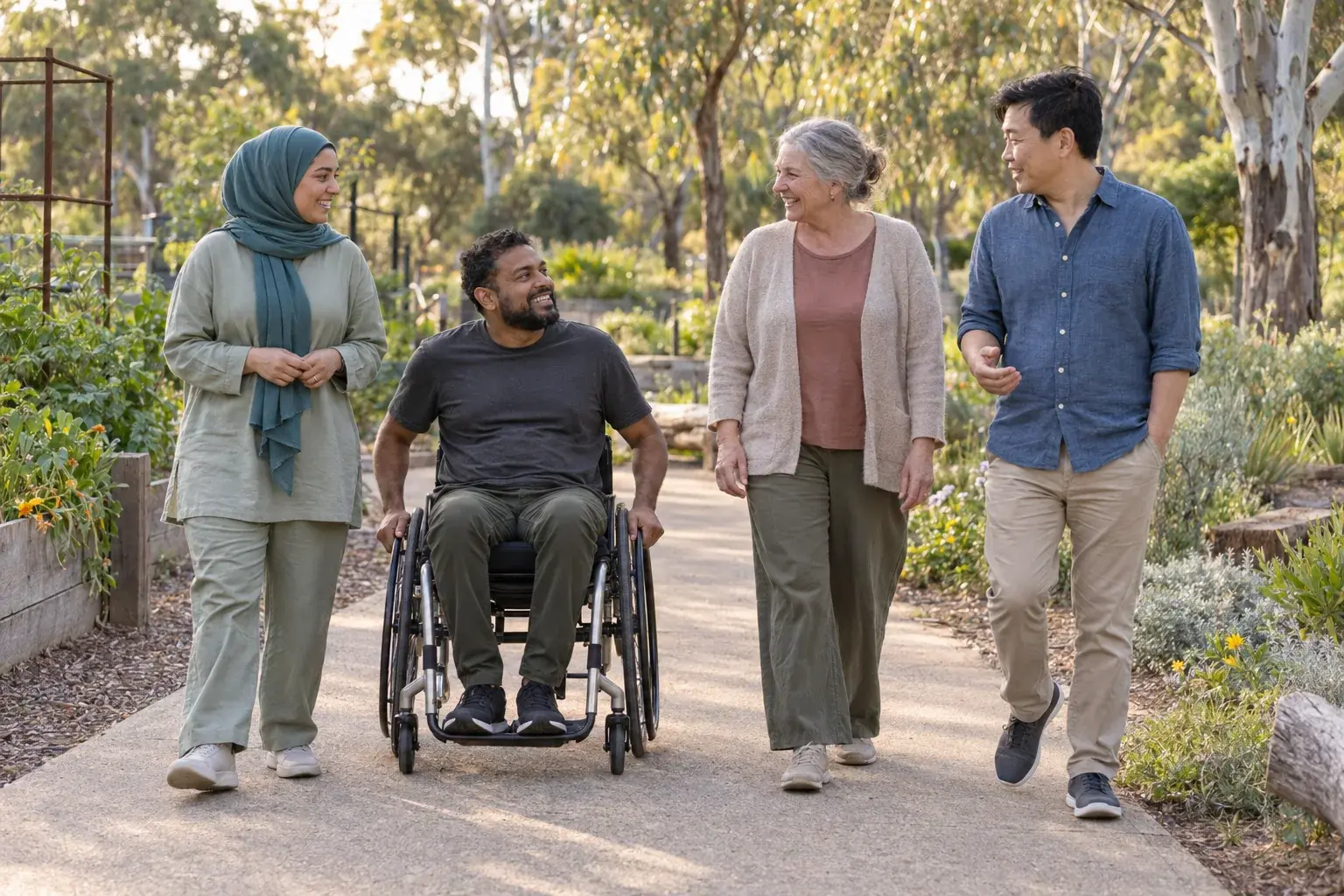 Four adults, including a man using a wheelchair, connecting along a leafy community garden path.