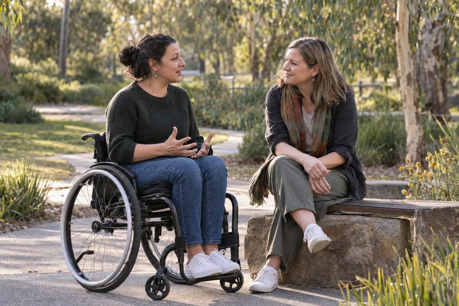 A wheelchair user and a support coordinator talking in a sunlit park